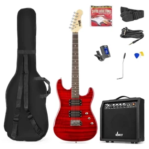 Max - GigKit 4/4 Elektromos gitár szett (20W erősítő, táska, hangoló, pengetők) – Quilted Style Piros