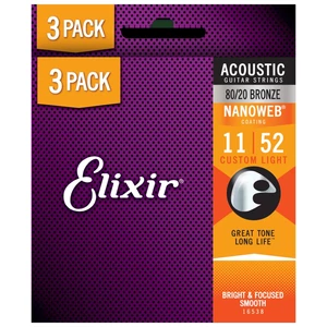 Elixir - 80/20 Bronze NanoWeb 11-52 (16538) Custom Light akusztikus húrkészlet 3 db