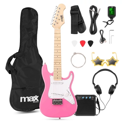 Max - Gigkit Junior 1/4 Elektromos gitár szett (10W erősítő, gitártok, hangoló, pengetők, napszemüveg) – Pink