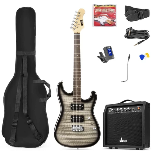 Max - GigKit 4/4 Elektromos gitár szett (20W erősítő, táska, hangoló, pengetők) – Quilted Style Fekete