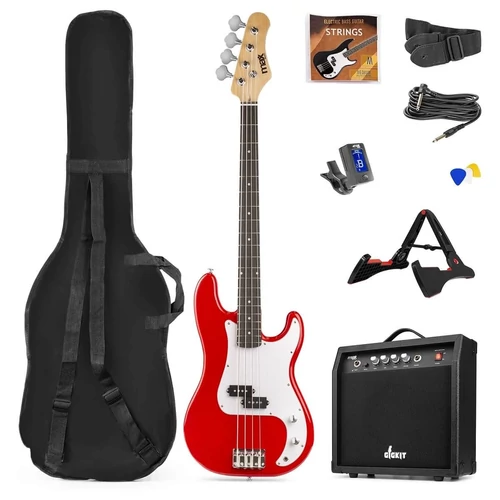 Max - Gigkit Elektromos basszusgitár szett (20W erősítő, táska, hangoló, pengetők) – Piros