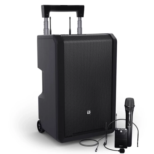 LD Systems ANNY 10 HBH 2 B5 10"-os hordozható, akkumulátoros Bluetooth PA rendszer keverővel, 1 kézi és 1 fejmikrofonnal - 584-608 MHz